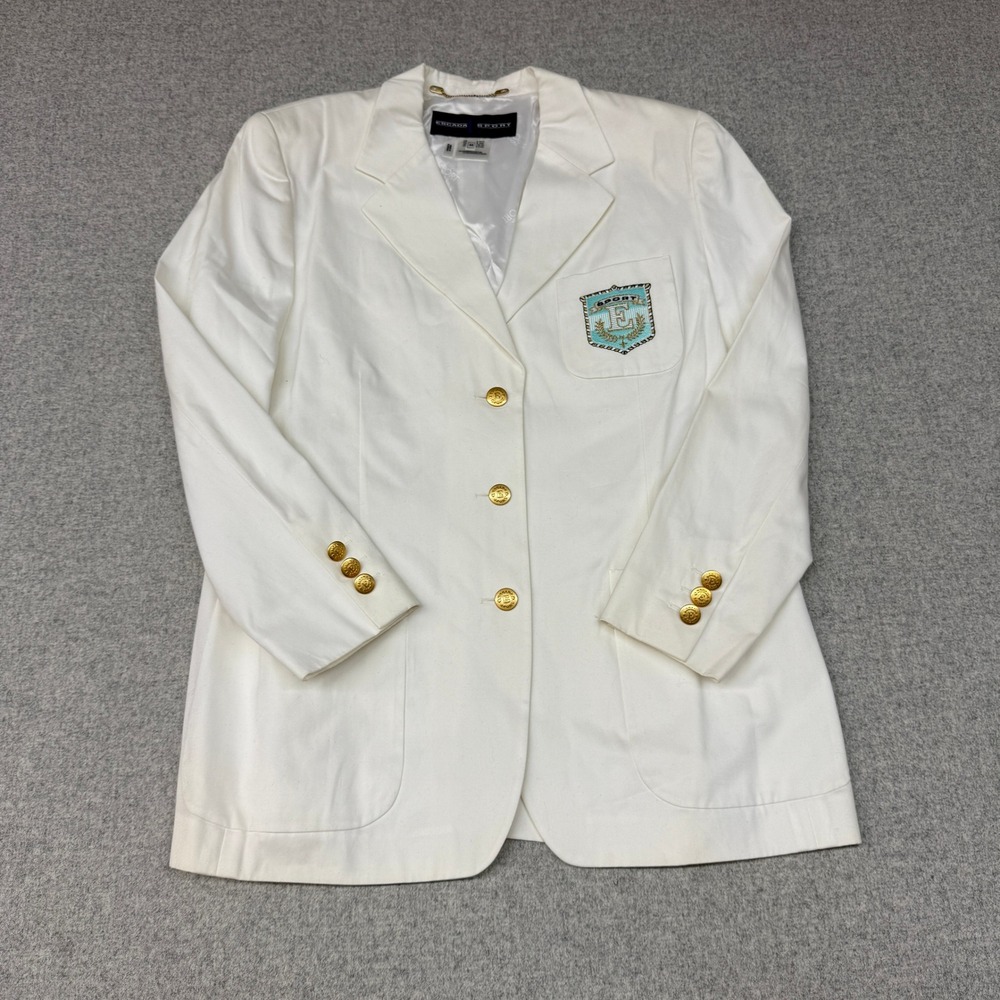 Escada Sport Blazer 44 White Cotton Embroidered Crest Gold Logo Buttons Jacket